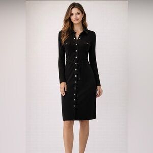 NWT White House Black Market Elegant Black Button-Down Dress mid length size Xs